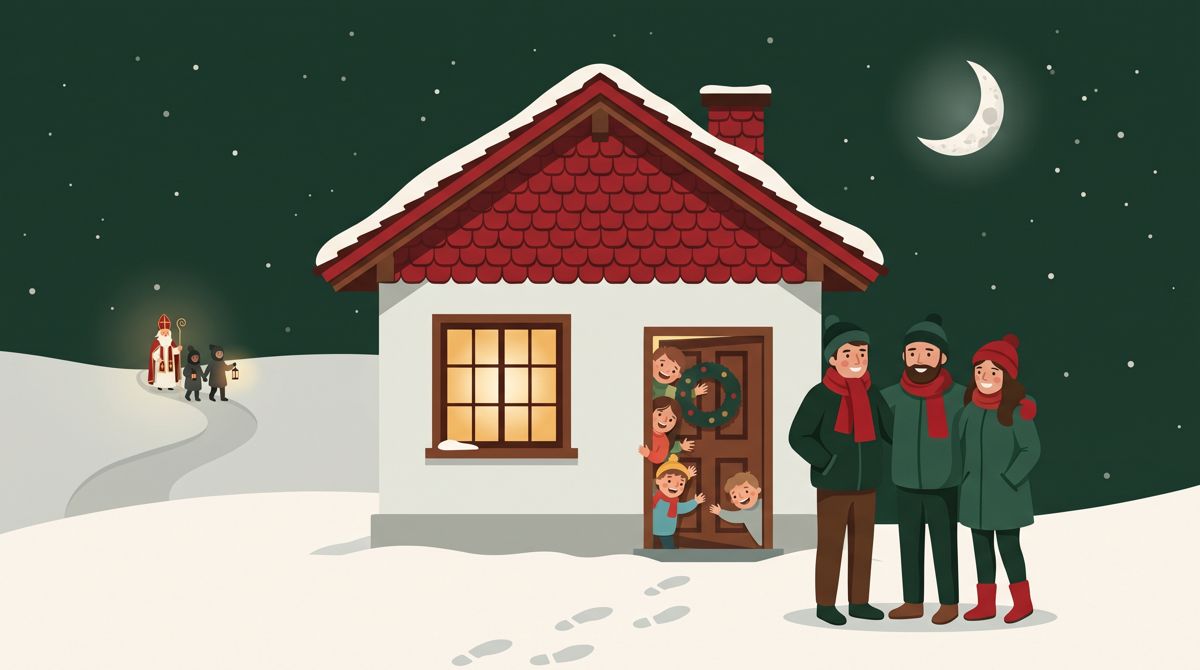 Illustration: Eine Familie und winkende Kinder vor ihrem Haus, im Hintergrund nähern sich der Samichlaus und sein Gefolge mit einer Laterne